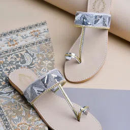 Shoetopia Sequins Embellished Slip On Kolhapuri Sandals - Silver-picture-23