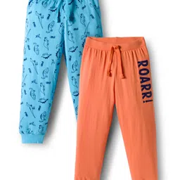 Babyhug Cotton Knit Full Length Lounge Pant With Dino Print Pack Of 2 - Light Blue & Coral-picture-12
