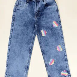 Kiddopanti Denim Woven Rainbow Sequin Heart Patch Detailed Straight Fit Jeans - Blue-picture-24