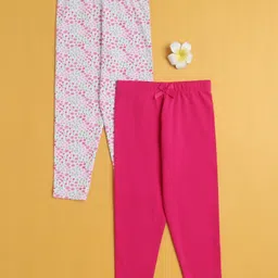 BUMZEE Cotton Knit Pack Of 2 Solid & Floral Printed Leggings - Pink & White-image-92