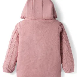 Babyhug Knitted Full Sleeves Front Open Hooded Sweater with Bow Applique & Cable Knit Design - Pink image 2