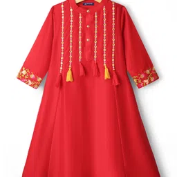 Pine Kids Woven Three Fourth Sleeves Kurti & Churidar Set With Dupatta Floral Embroidery & Pom Pom Detailing - Red image 2