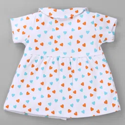 Babyhug Interlock Cotton Knit Half Sleeves Heart Printed Frock with Bloomer & Peterpan Collar - White & Pink image 3