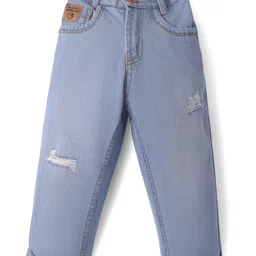 Little Kangaroos Full Length Anti Bacterial Washed Denim Jeans With Distressed Pattern & Scarf - Blue image 3