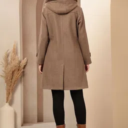 Nayam By Lakshita Women Tweed Long Coat with Fur Hood and Zip Closure image 4