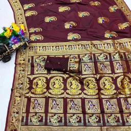 RATNAVALI Ethnic Motifs Zari Silk Blend Handloom Baluchari Saree-picture-50