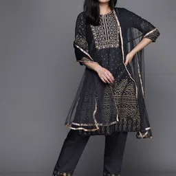 Biba Women Navy Blue & Golden Ethnic Embroidered Kurta with Trousers & Dupatta-picture-41