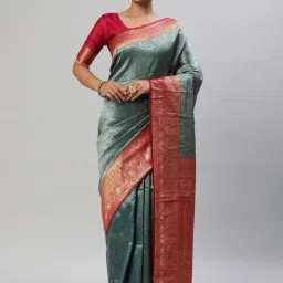 Saree Mall Blue & Red Woven Saree With Unstitched Blouse-image-79