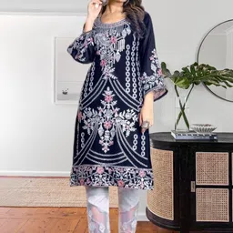 snizvi Women Ethnic Motifs Embroidered Regular Thread Work Kurta with Trousers-picture-28