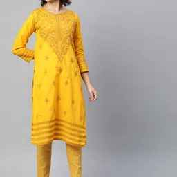 ADA Women Mustard Yellow Ethnic Motifs Embroidered ChikankariStraight Handloom Kurta-picture-19