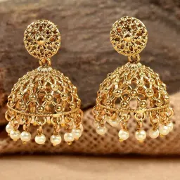 Fida Ethnic Indian Traditional Antique Gold White Pearl Temple Jhumki Earrings-picture-14