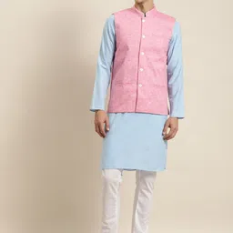 SOJANYA Men Blue & Pink Kurta with Churidar & Nehru Jacket-picture-5