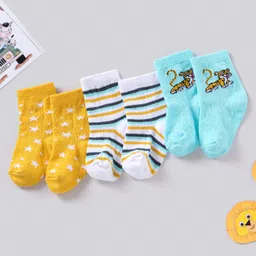 Cute Walk by Babyhug Anti Bacterial Ankle Length Striped Socks Pack of 3 - Blue Yellow-picture-18