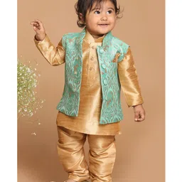 Vastramay Full Sleeves Solid Kurta & Pyjama With Damask Motif Printed Nehru Jacket - Rose Gold & Green-picture-19