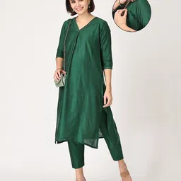 The Mom Store Silk Three Fourth Sleeves Solid Maternity Kurta With Nursing Access & Salwar Set - Green-picture-42