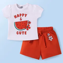 Doodle Poodle 100% Cotton Knit Half Sleeves Shorts Night Suit with Watermelon Print - Red & White-picture-13