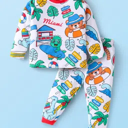 Babyhug Cotton Knit Full Sleeves Night Suit With Animal & Beach Theme Print - White-picture-10