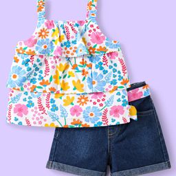 Babyhug Single Jersey Knit Sleeveless Top & Shorts Set with Floral Print - White & Blue-picture-46