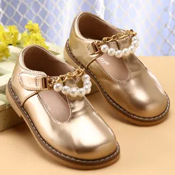 Babyoye Velcro Closure Formal Shoes with Pearls Applique - Golden-picture-15