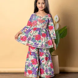 READIPRINT Cotton Three Fourth Sleeves Floral Printed Lace Embellished Kurta With Sharara - Purple-picture-17