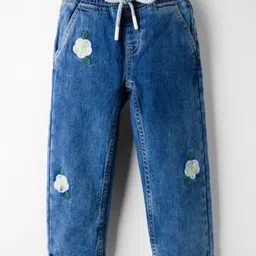 Kookie Kids Full Length Denim Jeans With Floral Embroidery & Elasticated Waist With Drawcord - Blue-image-1