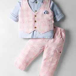 WOW Poplin Woven Full Sleeves 3 Piece Partywear Suit With Vehicle Applique - Light Blue & Pink-picture-24