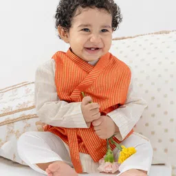 Tiber Taber Cotton Lurex Woven Full Sleeves Foil Striped Kurta Pyjama With Jacket Set - Orange-image-31