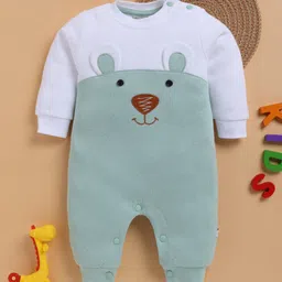 Wonderchild Full Sleeves Teddy Bear Patch Detailed Romper - Olive Green & White-picture-26
