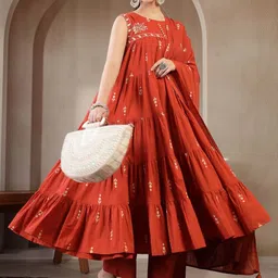 KIMAYRA Women Ethnic Motifs Printed Tiered Pure Cotton Kurta with Trousers & With Dupatta-picture-24