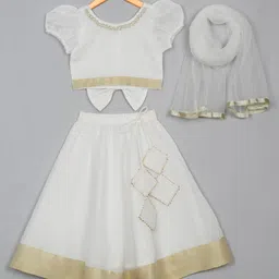 Saka Designs By Sapna Half Sleeves Neck Line Embroidered & Lace Embellished Coordinating  Lehenga Choli With Dupatta - White & Gold image 3