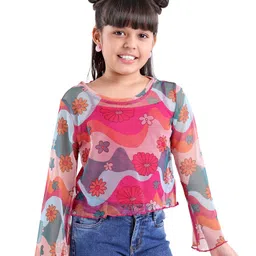 arias by lara dutta Arias Full Sleeves Floral Printed Stretchable Mesh Top with Spaghetti - Multicolour image 2