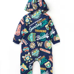 Babyhug 100% Cotton Interlock Knit Full Sleeves Hooded Romper with Text Print - Navy image 2