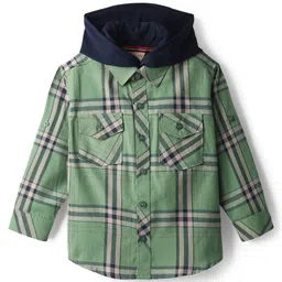 Rikidoos Full Sleeves Checked Shirt With Attached Hooded Tee Set - Green & Navy Blue image 2