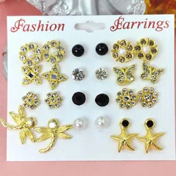 NAVJAI Set of 12 Gold-Plated Metal American Diamond Earrings-picture-25