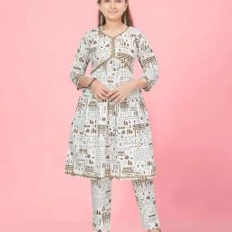 Aarika Kids Cream & Blue Cotton Printed Kurti Set-picture-11