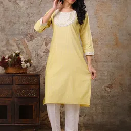 Auzanoor Collection Striped Round Neck Thread Work Pure Cotton Straight Kurta & Trousers-image-40