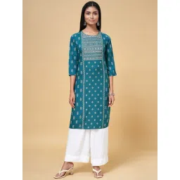 Rangmanch by Pantaloons Teal Blue Printed Straight Kurta-image-32