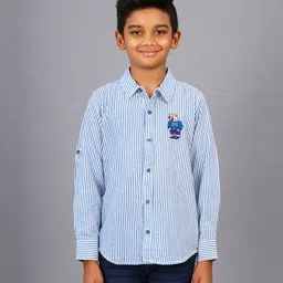 Zion Full Sleeves Bear Embroidery & Railroad Striped Shirt - Blue-picture-22