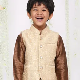kid1 KID1Sleeveless Banarasi Jacquard Paisley Motif Embroidered Nehru Jacket - Cream-picture-25