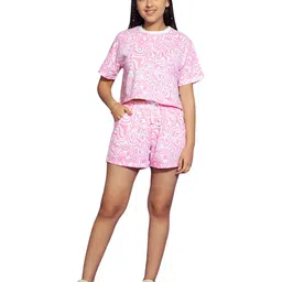 Lil Tomatoes Half Sleeves Marble Printed Cotton Jersey Knit Night Suit - Pink-image-89