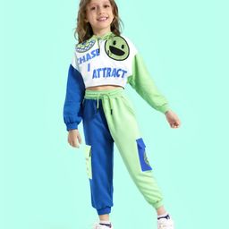 Ollington St. 100% Cotton Knit Full Sleeved Color Block Hoodie & Joggers Winter Wear Set With Text & Emoticon Print - Light Green & Blue-picture-30