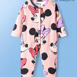 Babyoye Disney Interlock Knit Full Sleeves Front Open Minnie Mouse Printed Footed Sleep Suit - Pink-picture-23