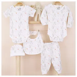 Mom's Home Organic Cotton Pack Of 2 Full Sleeves Bunnies Printed Coordinating Onesies & Leggings With Cap & Bib Set - White-picture-38