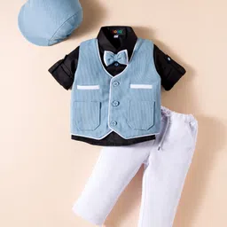 Robo Fry Cotton Woven Full Sleeves 3 Piece Textured Party Suit with Cap & Bow - Light Blue Black-picture-27