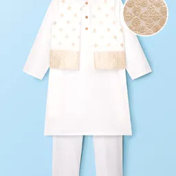 EARTHY TOUCH Woven Full Sleeves Kurta Pajama & Nehru Jacket Set with Foil Embroidery - White-picture-21