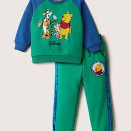 Babyhug Disney Terry Knit Full Raglan Sleeves Cut & Sew Sweatshirt and Track Pant with Winnie the Pooh Graphic - Green & Blue-picture-31