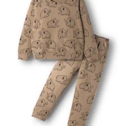 Tiara Fleece Knit Full Sleeves Baby Elephant Printed Winter Sweatshirt With Coordinating Joggers Set - Brown-image-9