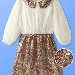 Hola Bonita Knit Full Sleeves Party Dress with Sequin Detailing - Brown & White image 2