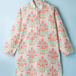 Hugsntugs Cotton Woven Full Sleeves Floral Printed Kurta Pyjama Set - Off White image 3