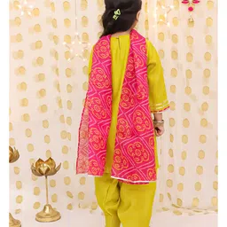 BownBee Silk Woven Three Fourth Sleeves Gota Lace Embellished Kurti Dhoti With Bandhni Printed Dupatta Set - Yellow image 3